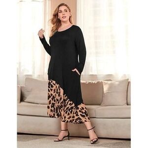 Womens‎ Aupyeo Black Leopard Print 3/4 Sleeve Asymmetrical Dress Medium
